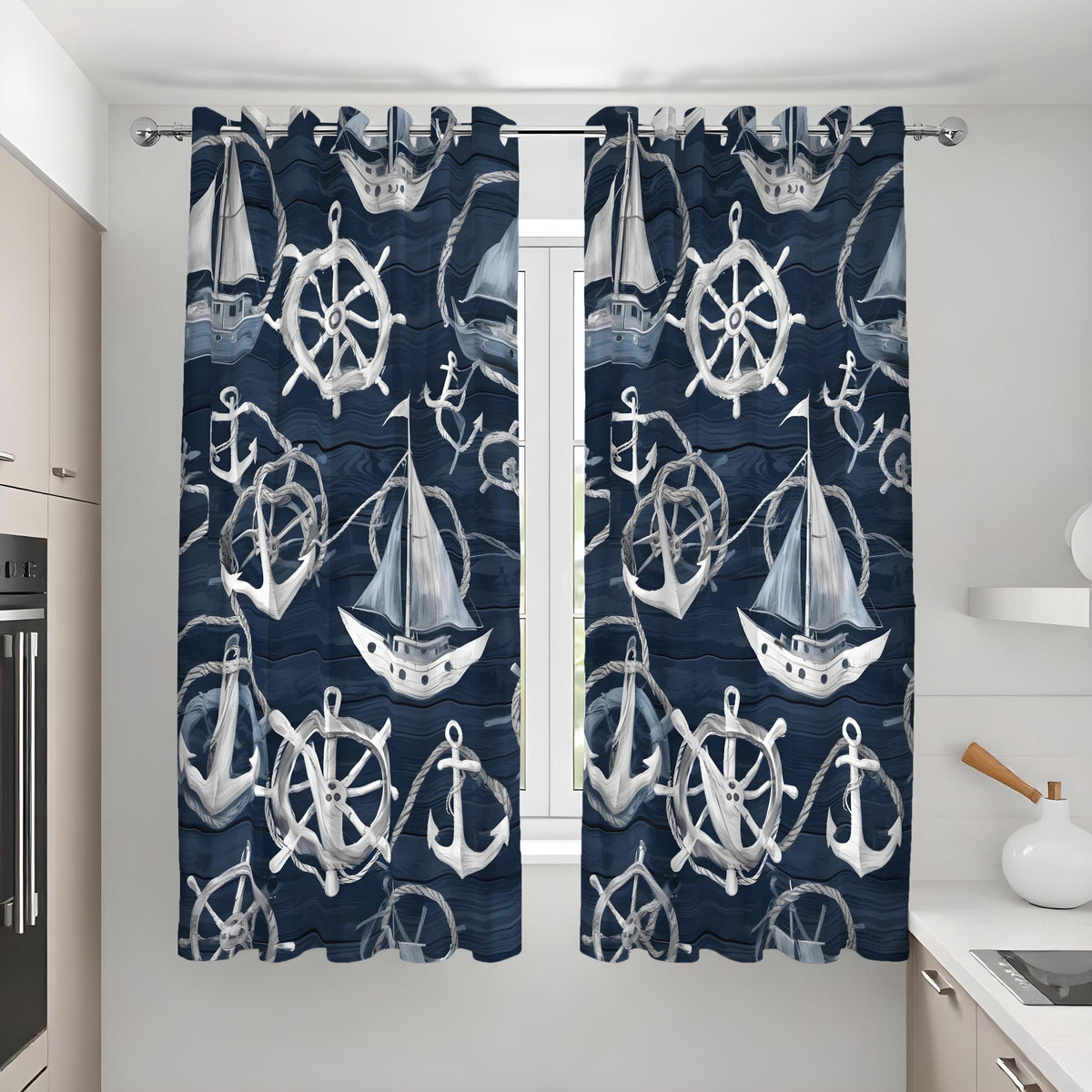 Navy Nautical Sailboat Curtains, Beach House Window Drapes