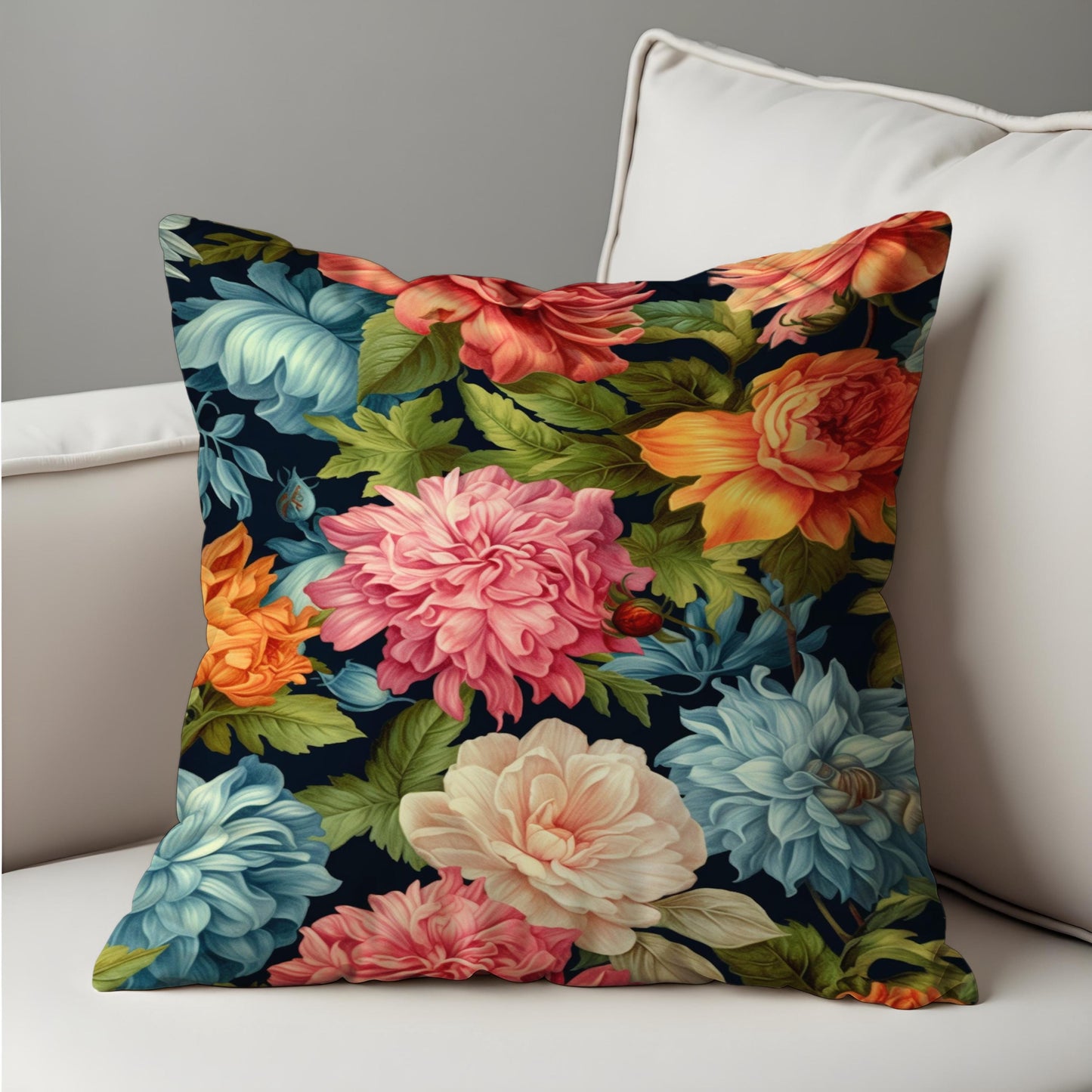 Bold Classic Floral Cushion Cover, Multicolor Peonies & Leaves Pillow Case