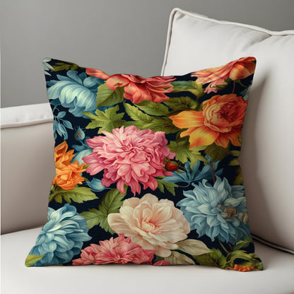 Bold Classic Floral Cushion Cover, Multicolor Peonies & Leaves Pillow Case