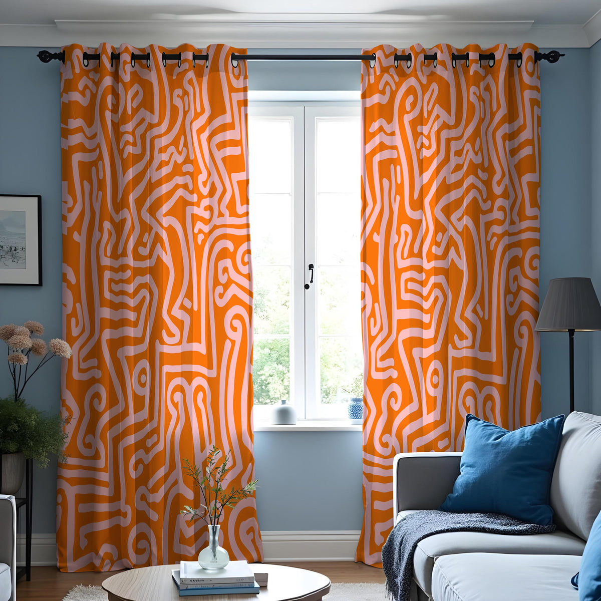 Orange Line Art Curtains, Abstract Geometric Window Drapes