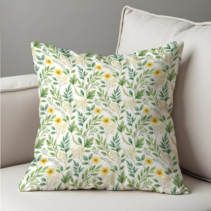 Spring Botanical Cushion Cover, Green Leaves & Yellow Floral Pillow Case