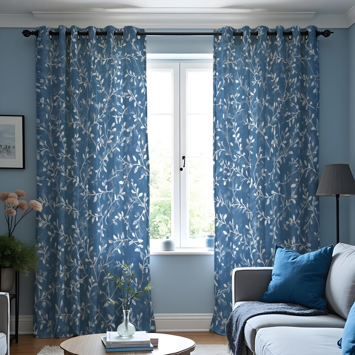 Blue Floral Leaf Curtains, Botanical Custom Size Drapes