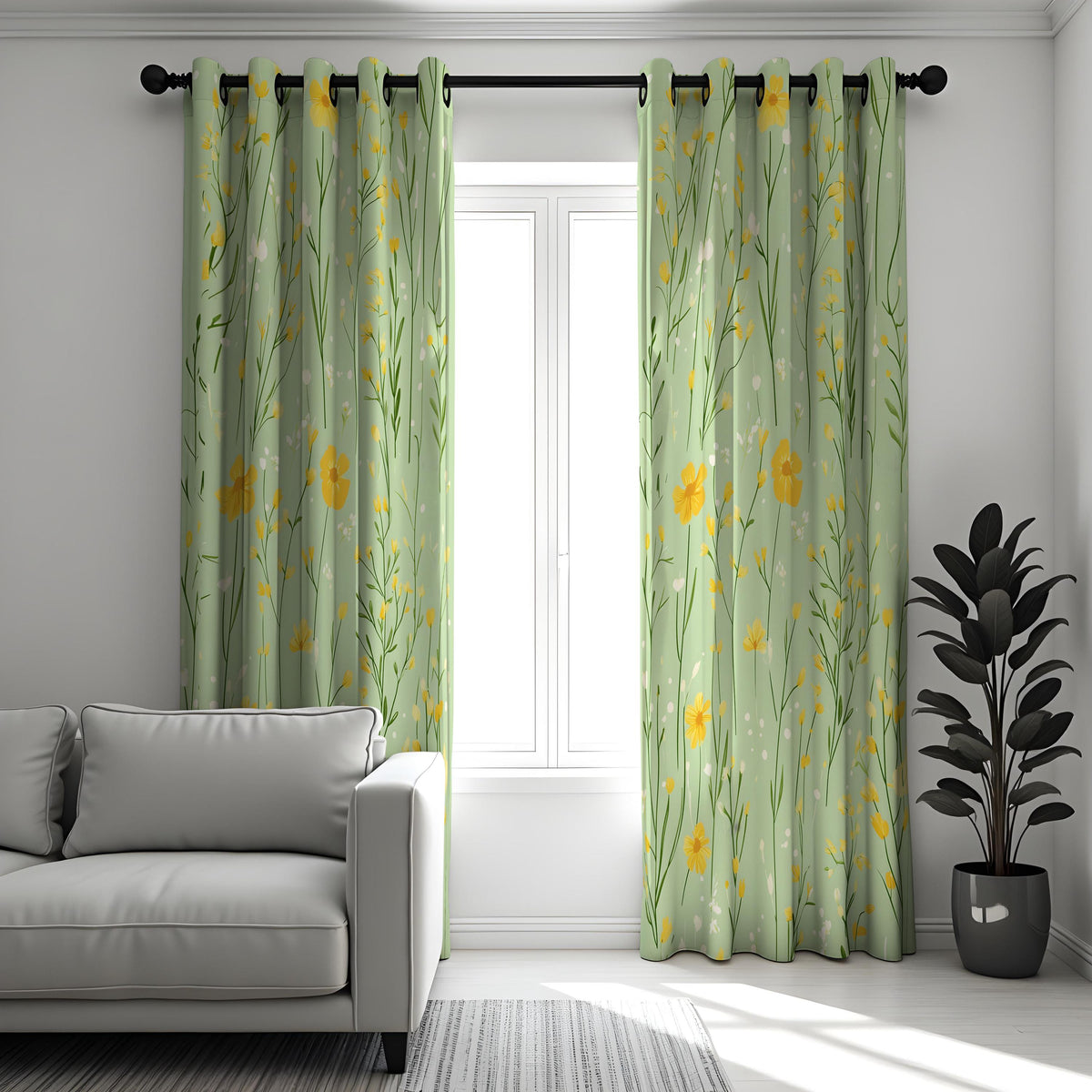 Light Green Meadow Curtains, Yellow Wildflower Drapes