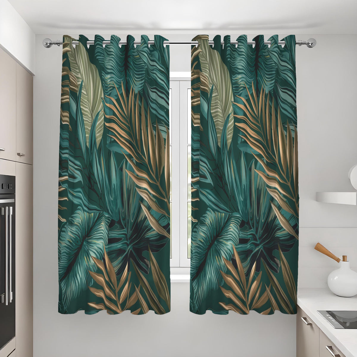 Dark Tropical Leaf Curtains, Jungle Botanical Print Drapes