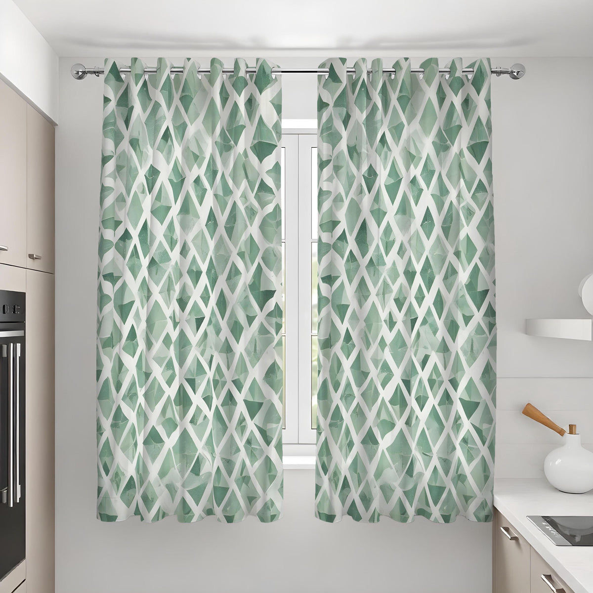 Green Multi Tone Abstract Curtains, Geometric Window Drapes