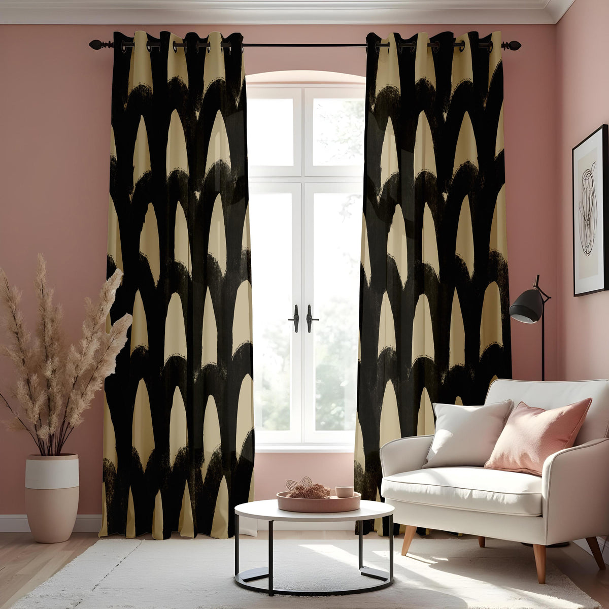 Black Beige Brushstroke Curtains, Abstract Geometric Drapes