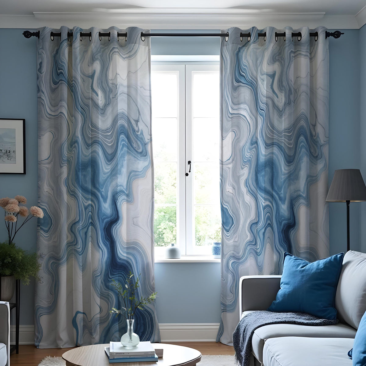 Blue Grey Marble Curtains, Fluid Abstract Custom Drapes