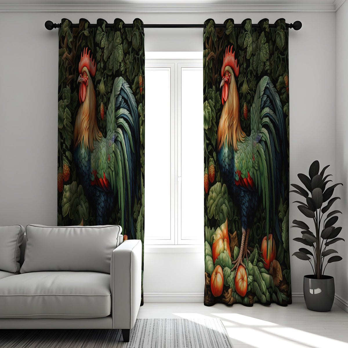 Rooster Kitchen Curtains, Farmhouse Chicken Print Drapes