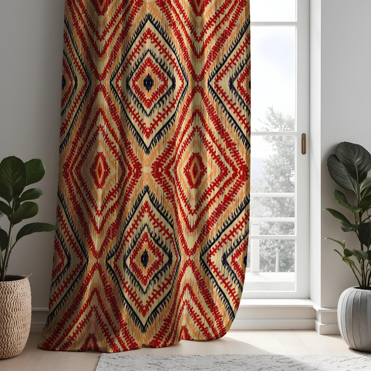 Red Beige Boho Ikat Curtains, Tribal Diamond Window Drapes