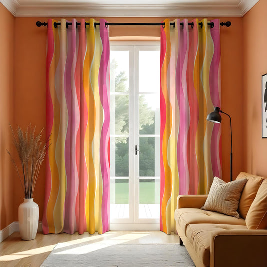 Pink Orange Yellow Retro Wave Curtains, Striped Drapes