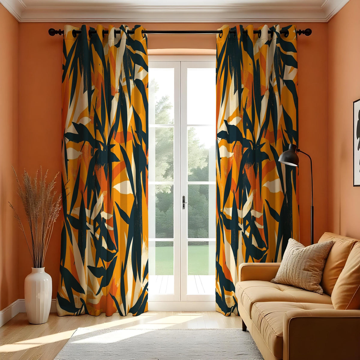 Orange Abstract Brushstroke Curtains, Artistic Leaf Drapes