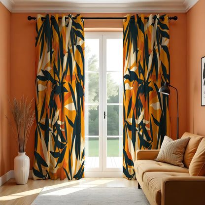Orange Abstract Brushstroke Curtains, Artistic Leaf Drapes