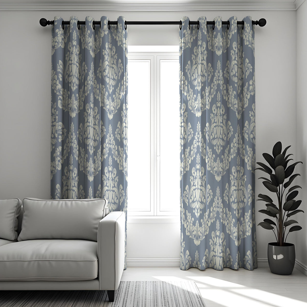 Grey Damask Curtains, Classic Baroque Farmhouse Drapes