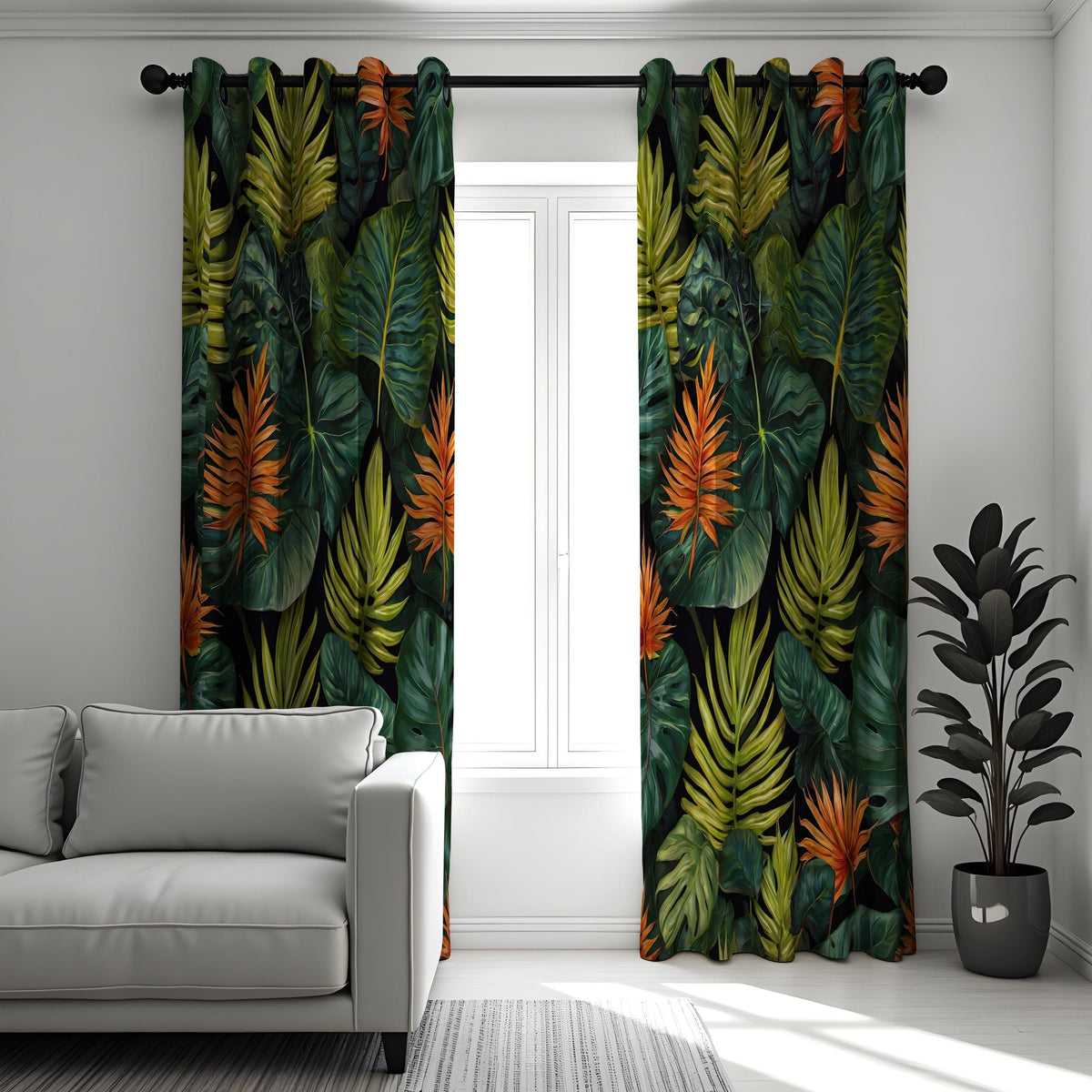 Deep Green & Orange Rainforest Curtains, Tropical Drapes