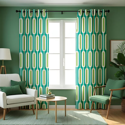Teal & Lime Retro Geometric Curtains, Mid Century Drapes