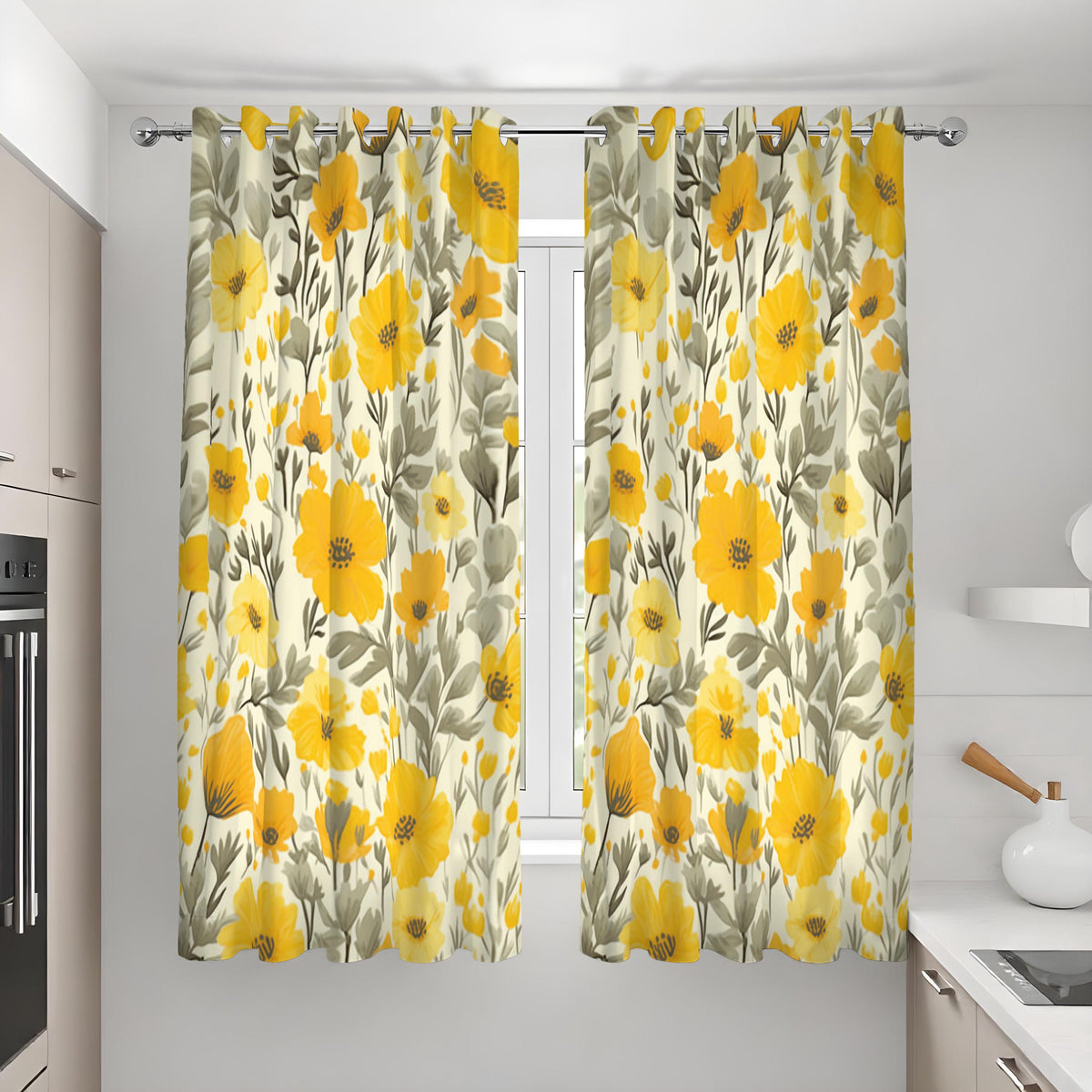 Mustard & Olive Floral Curtains, Bold Botanical Drapes