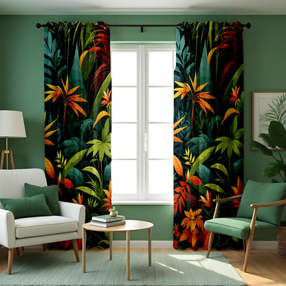 Deep Green & Orange Jungle Leaf Curtains, Tropical Drapes