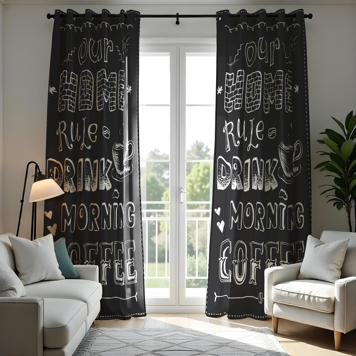 Black Coffee Kitchen Curtains, Funny Quote Cafe Drapes