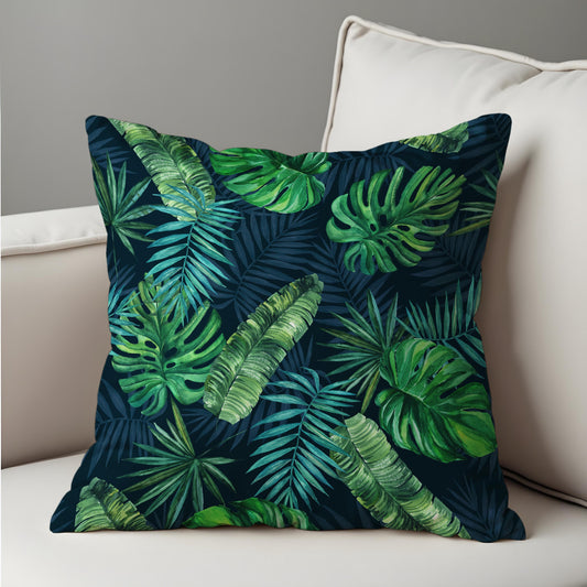 Tropical Leaf Cushion Cover, Dark Green Jungle Monstera Pillow Case