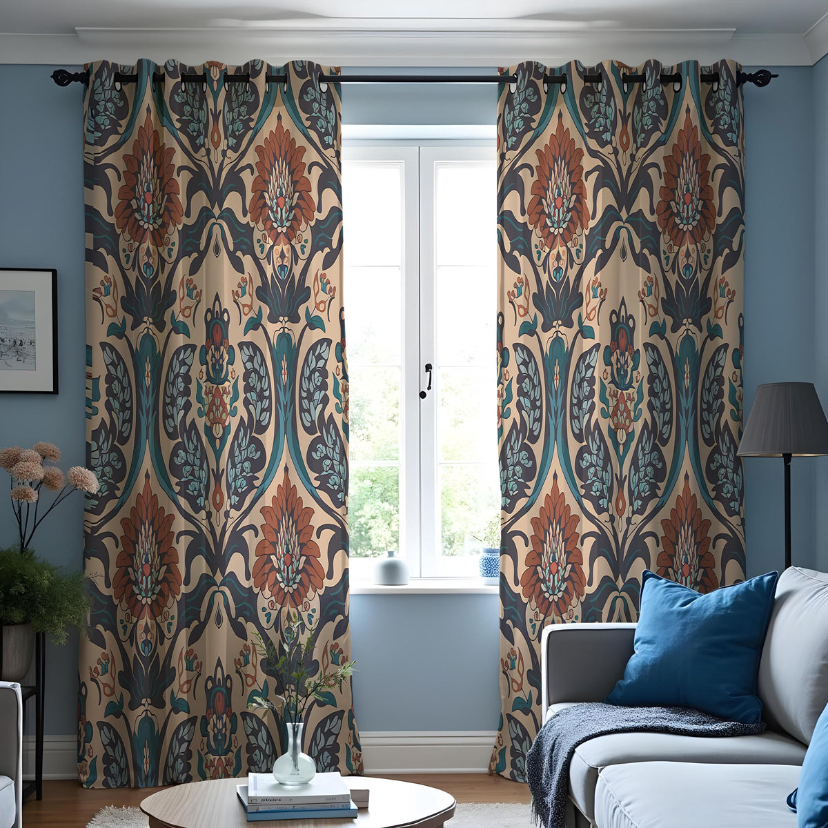 Teal & Rust Damask Floral Curtains, Boho Baroque Drapes