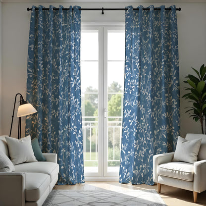 Blue Floral Leaf Curtains, Botanical Custom Size Drapes