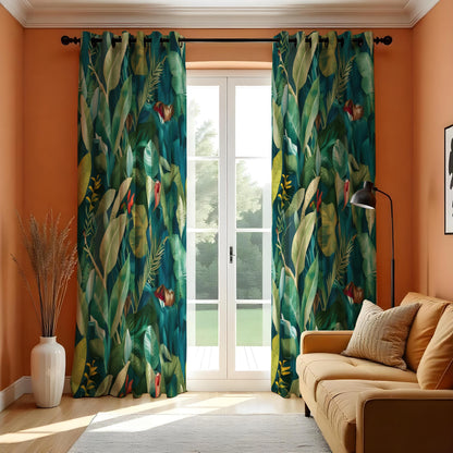 Green Palm Leaf Curtains, Tropical Jungle Botanical Drapes