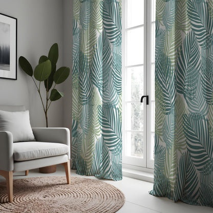 Teal & Sage Palm Leaf Curtains, Tropical Botanical Drapes