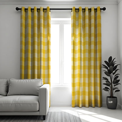 Yellow Gingham Check Curtains, Farmhouse Kitchen Drapes
