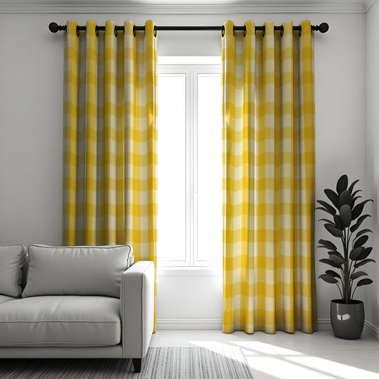 Yellow Gingham Check Curtains, Farmhouse Kitchen Drapes