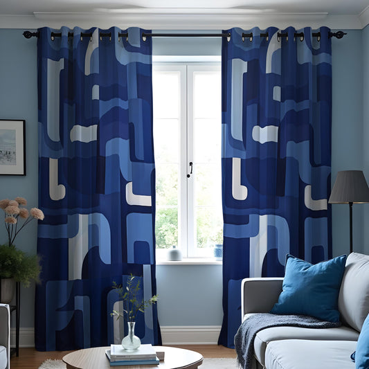 Navy Blue Retro Geometric Curtains, 70s Mid Century Drapes