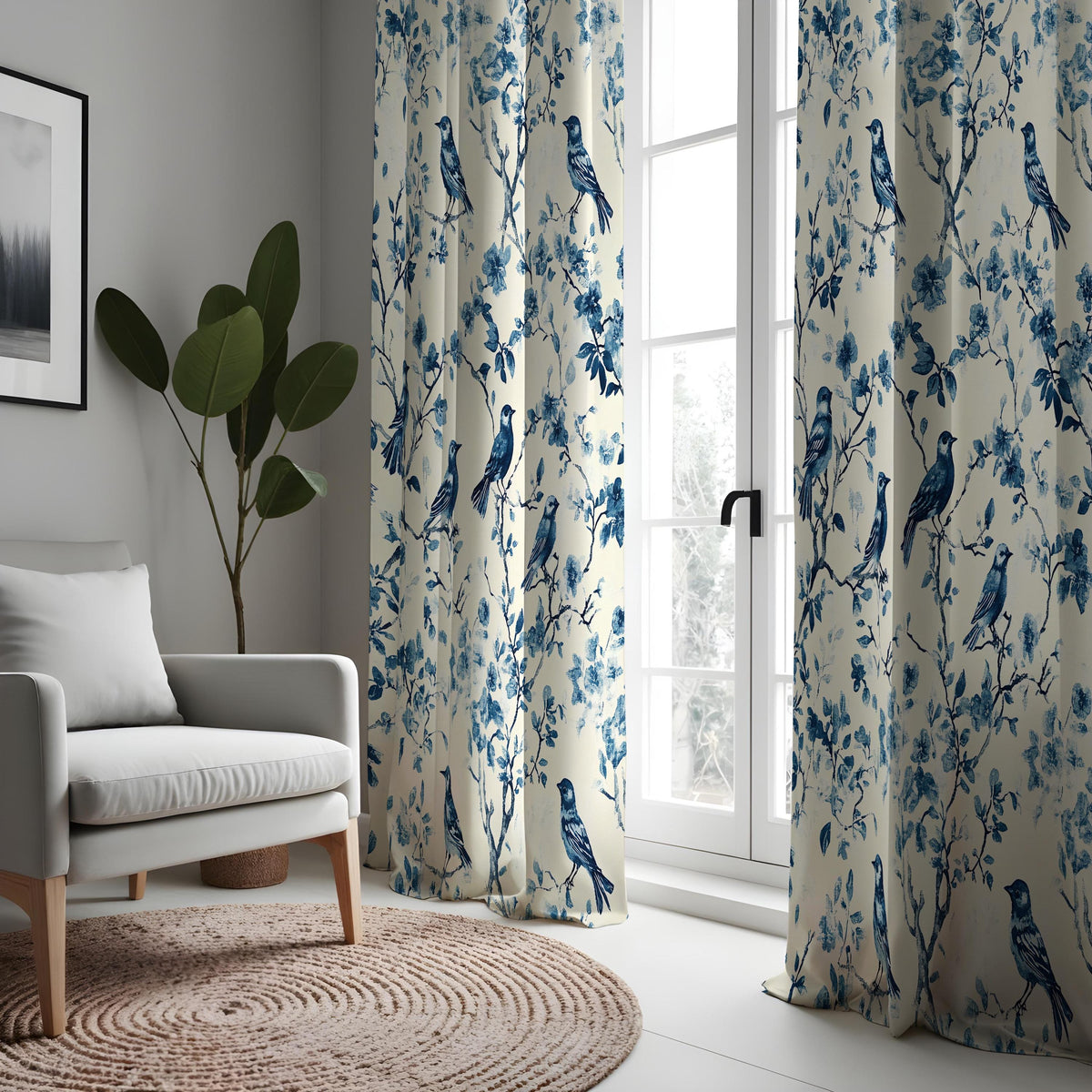 Blue Bird Chinoiserie Curtains, Bird & Branch Drapes