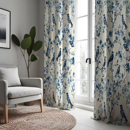 Blue Bird Chinoiserie Curtains, Bird & Branch Drapes