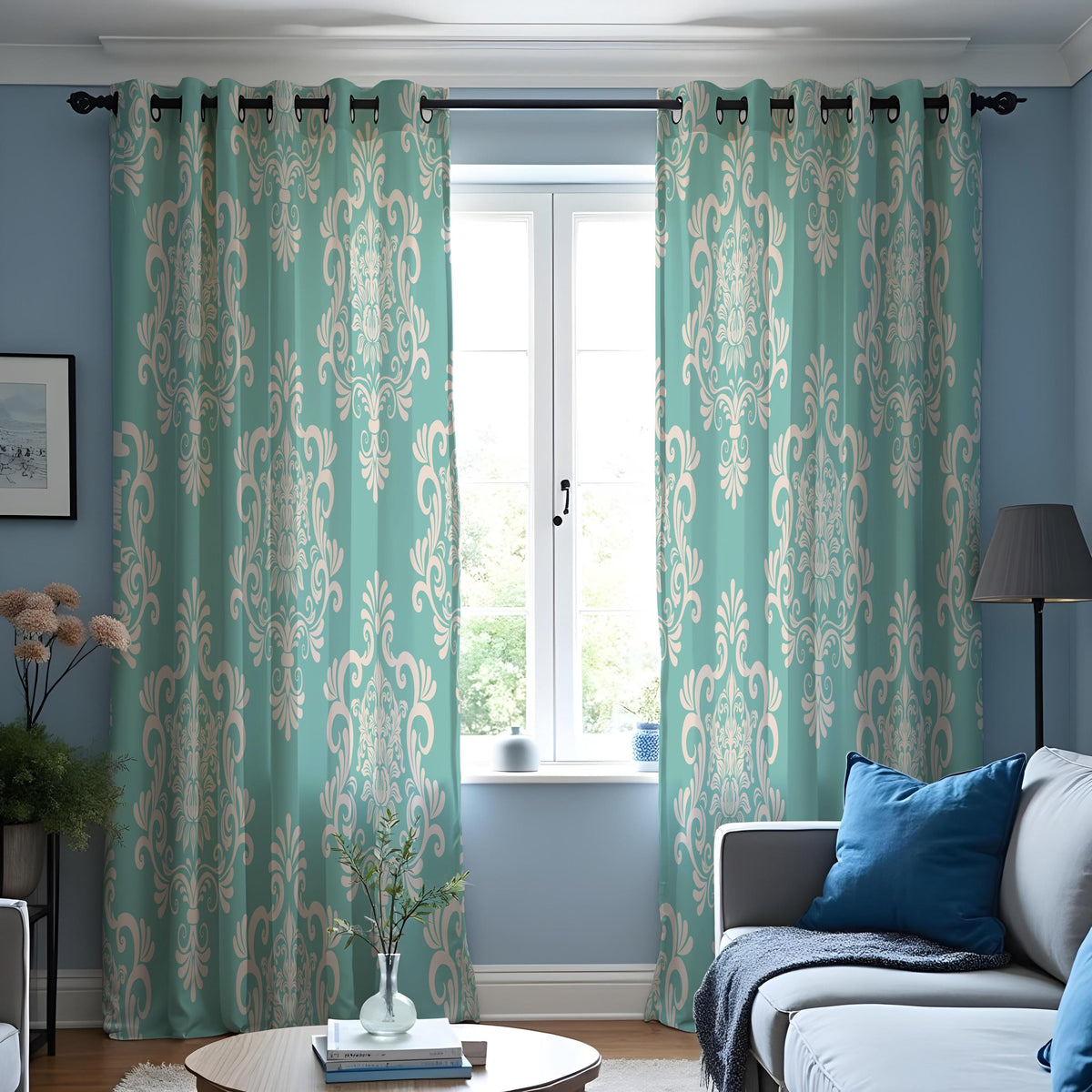 Green Damask Curtains, Classic Pattern Custom Made Drapes