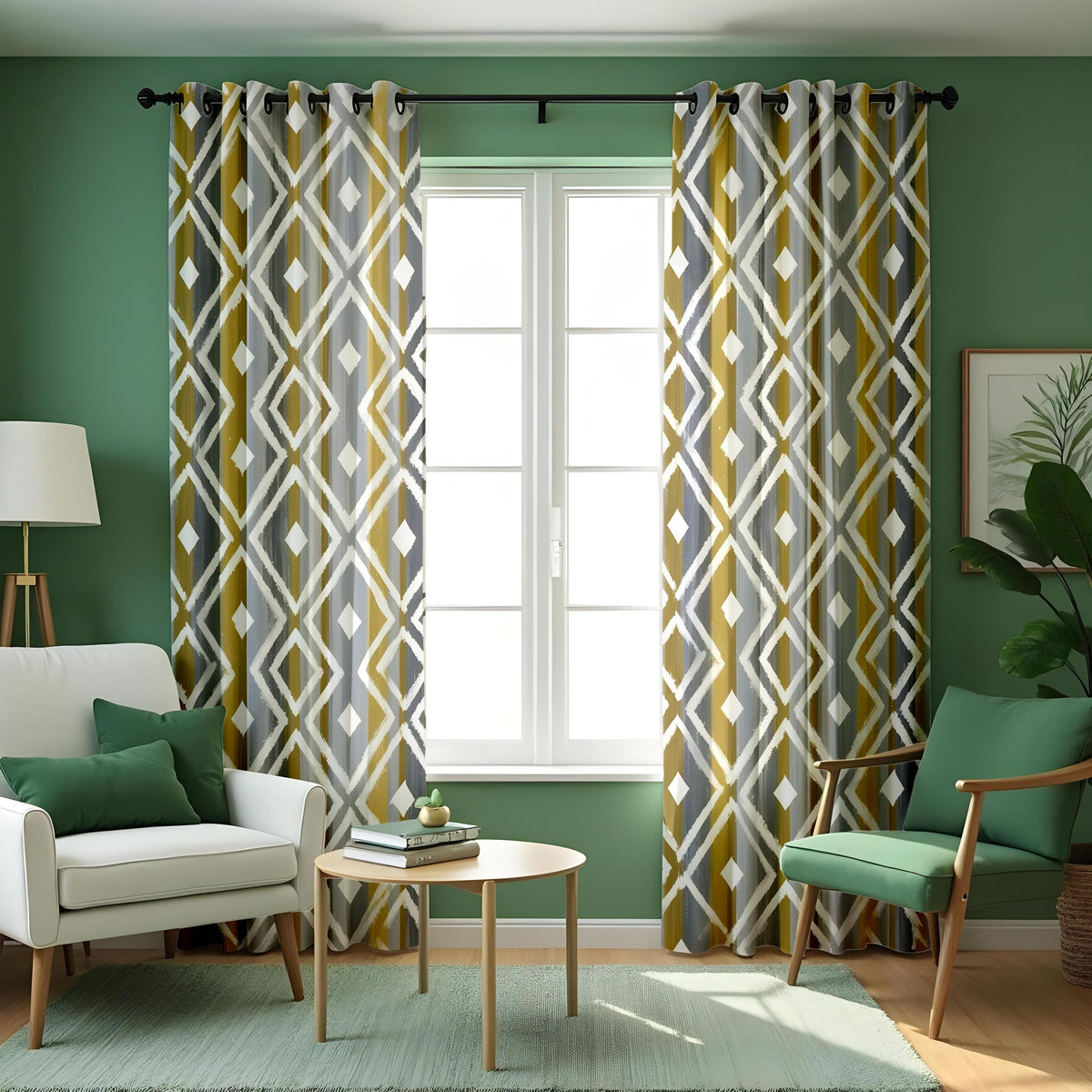 Grey Mustard Geometric Curtains, Abstract Pattern Drapes