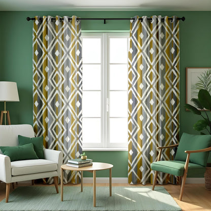 Grey Mustard Geometric Curtains, Abstract Pattern Drapes