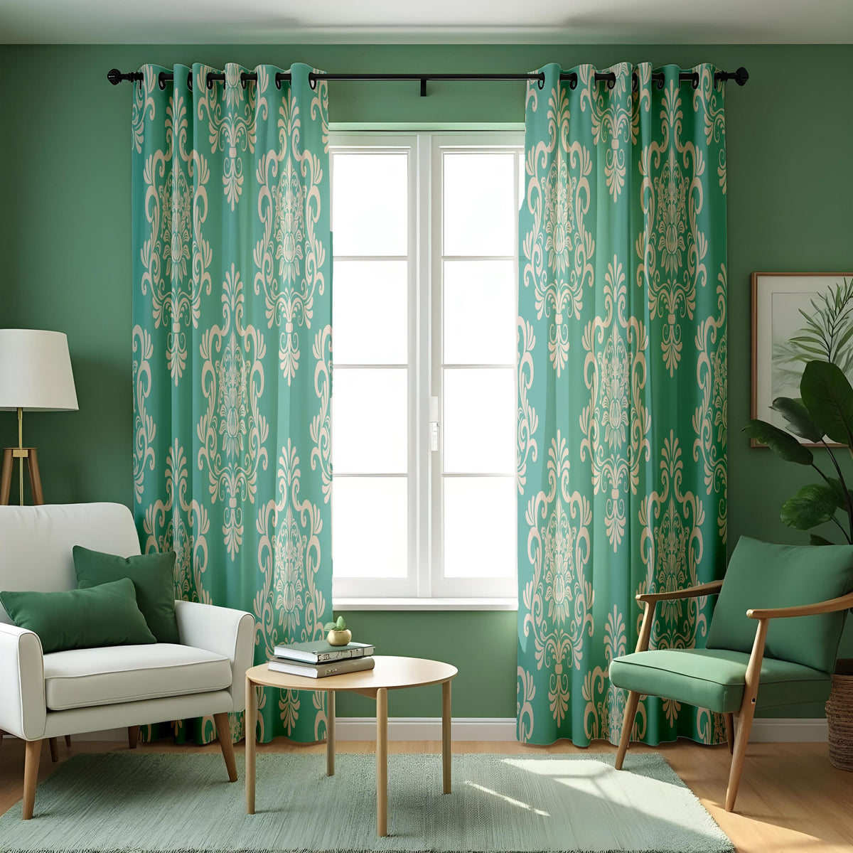 Green Damask Curtains, Classic Pattern Custom Made Drapes