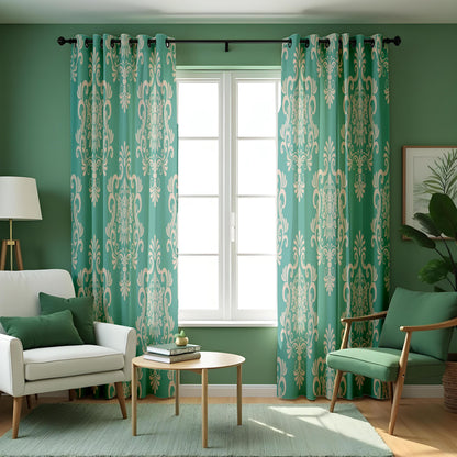 Green Damask Curtains, Classic Pattern Custom Made Drapes