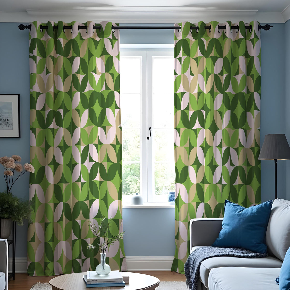 Green Retro Geometric Curtains, Mid Century Custom Drapes