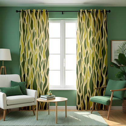 Green Abstract Wave Curtains, Retro Organic Wavy Drapes