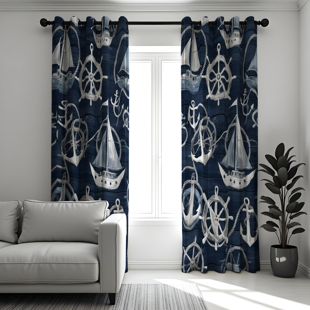 Navy Nautical Sailboat Curtains, Beach House Window Drapes