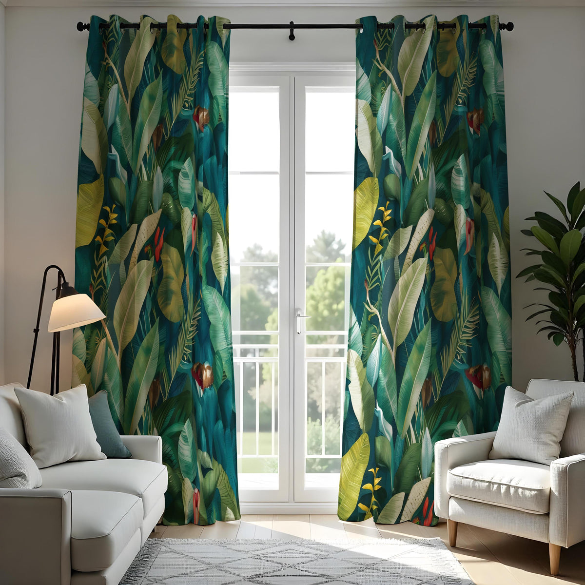 Green Palm Leaf Curtains, Tropical Jungle Botanical Drapes