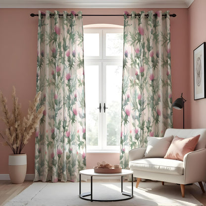 Green Botanical Curtains, Pink Flower Print Window Drapes