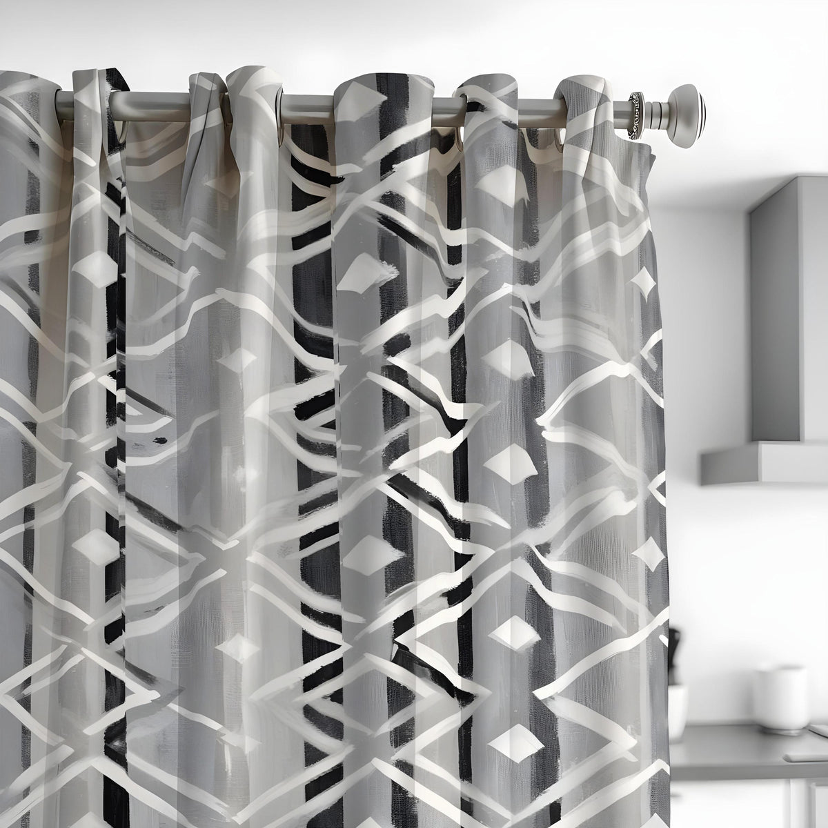 Grey Geometric Curtains, Neutral Abstract Pattern Drapes