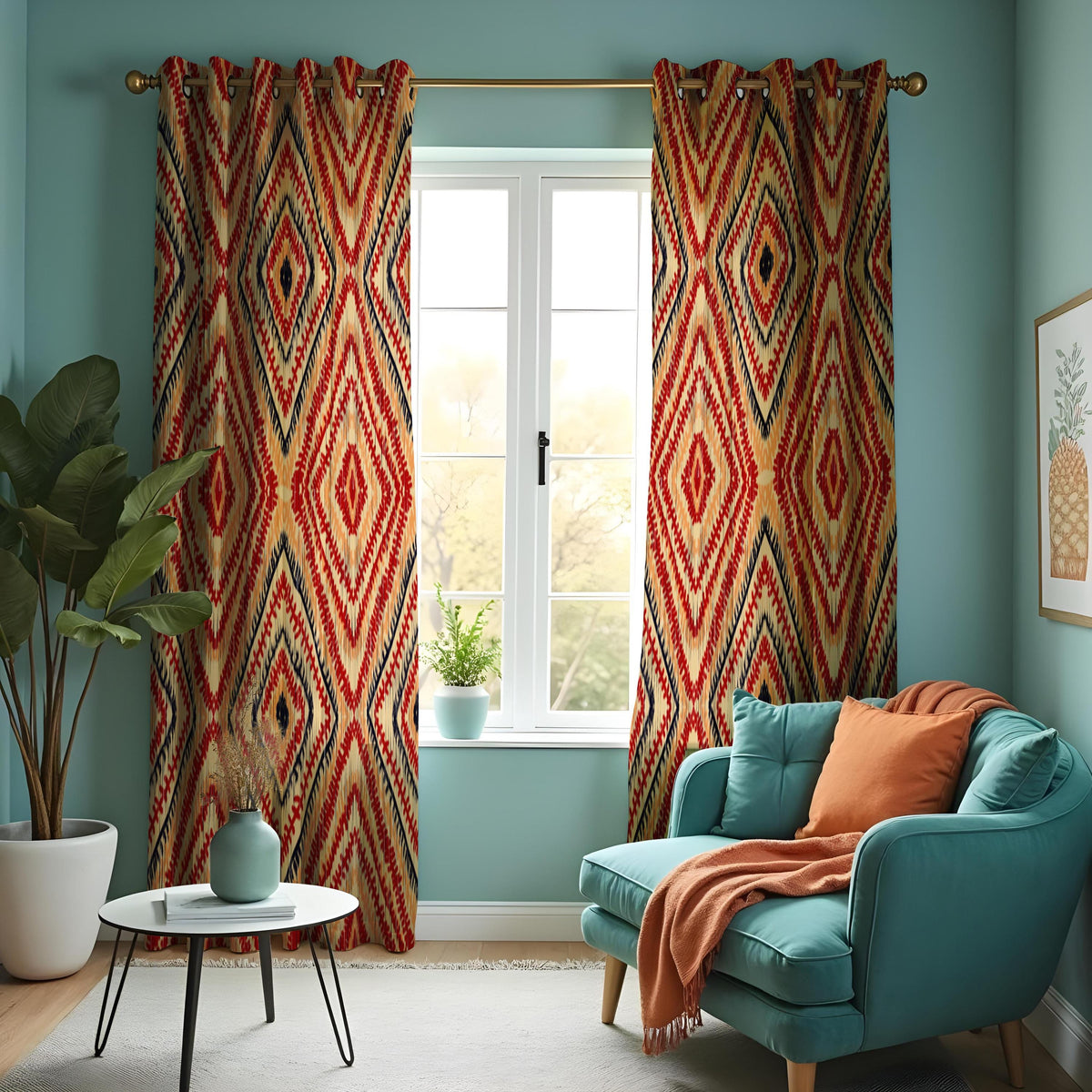 Red Beige Boho Ikat Curtains, Tribal Diamond Window Drapes