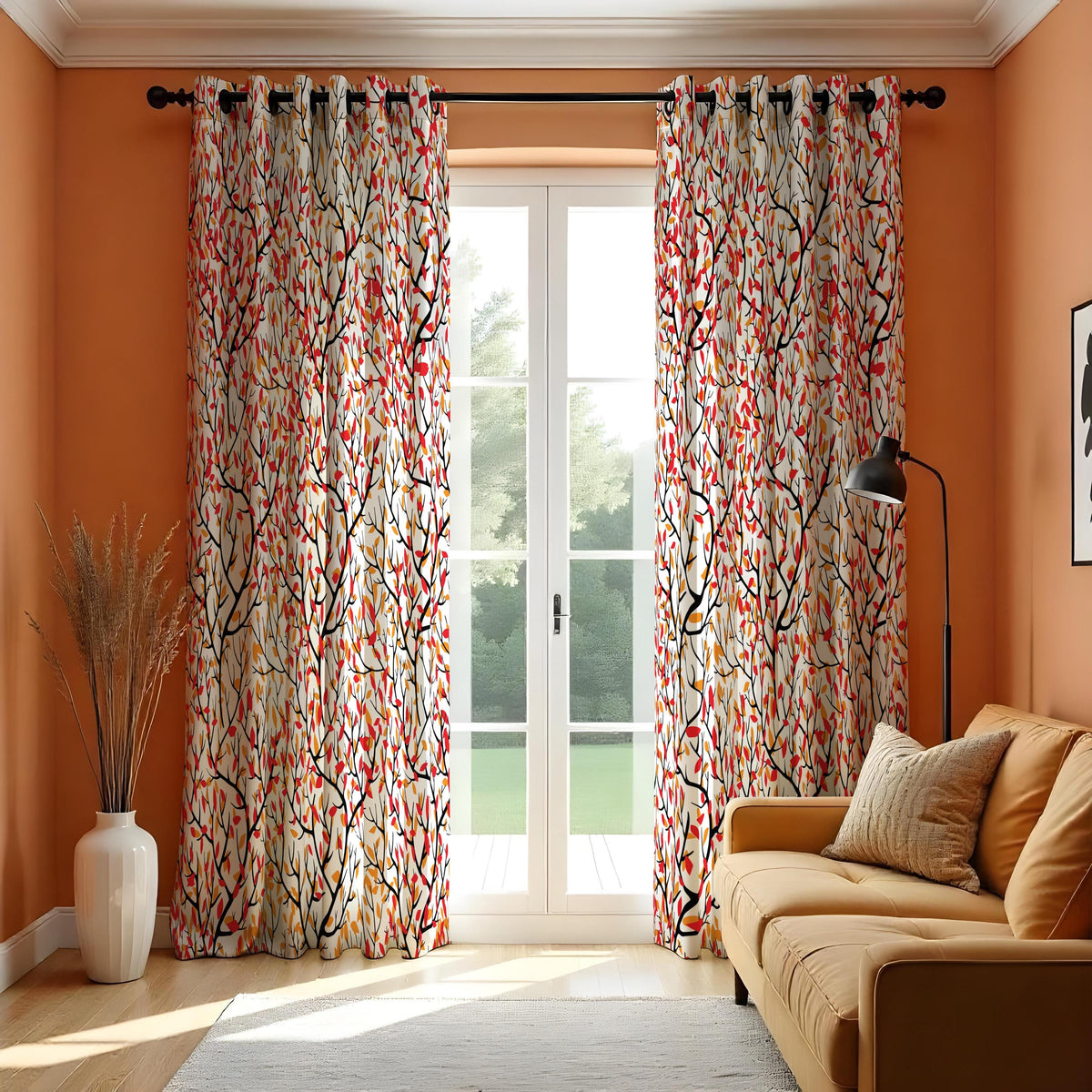 Red Orange Green Leaf Curtains, Colorful Botanical Drapes
