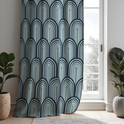 Blue Retro Arch Curtains, Mid Century Geometric Drapes