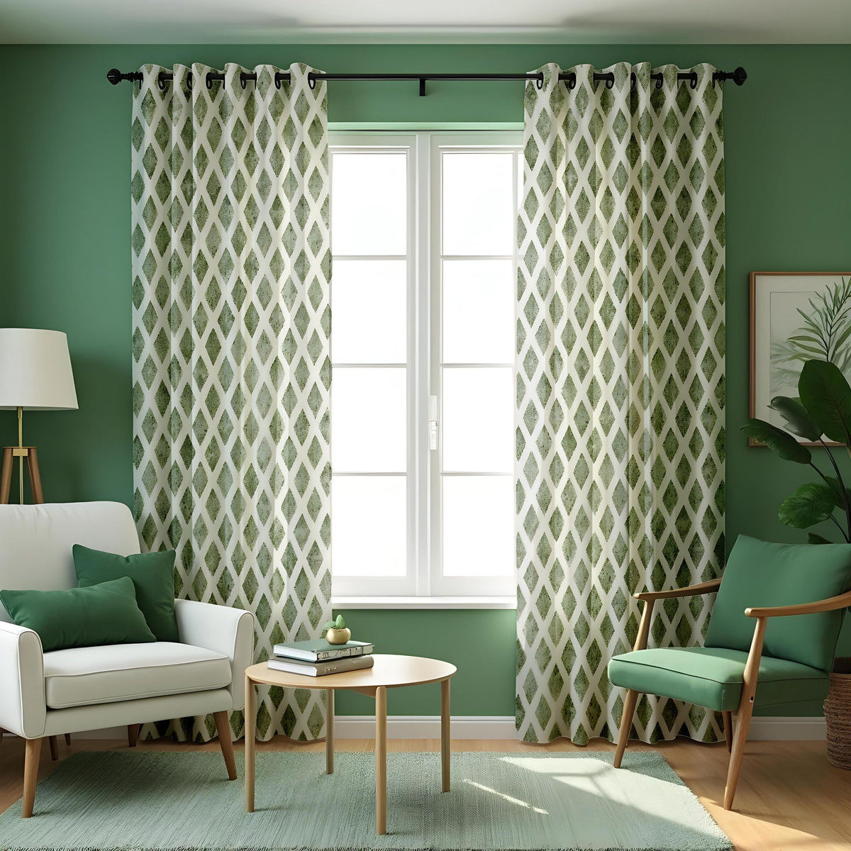Green Geometric Curtain Panels, Abstract Print Custom Drapes