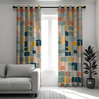 Multicolor Color Block Curtains, Retro Geometric Drapes
