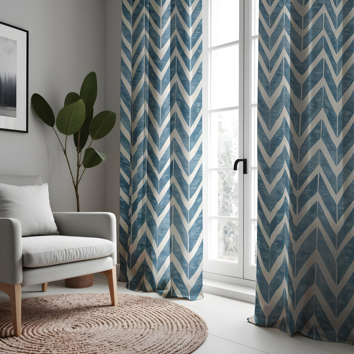 Blue Chevron Kitchen Curtains, Aqua Leaf Cafe Drapes