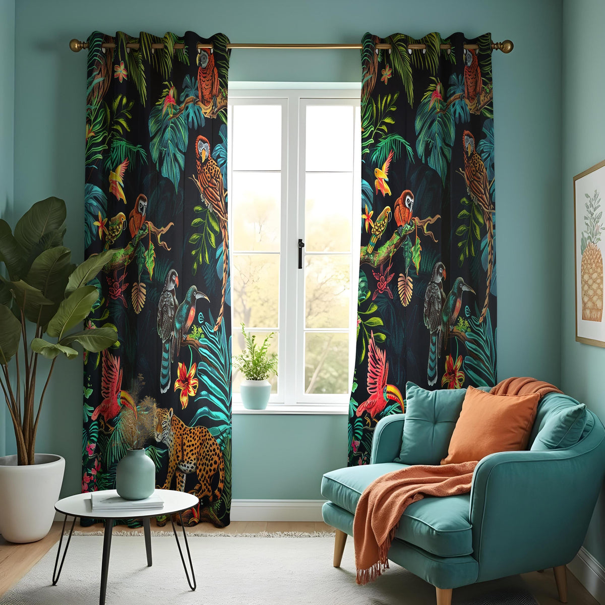 Leopard & Parrot Jungle Curtains, Tropical Animal Drapes
